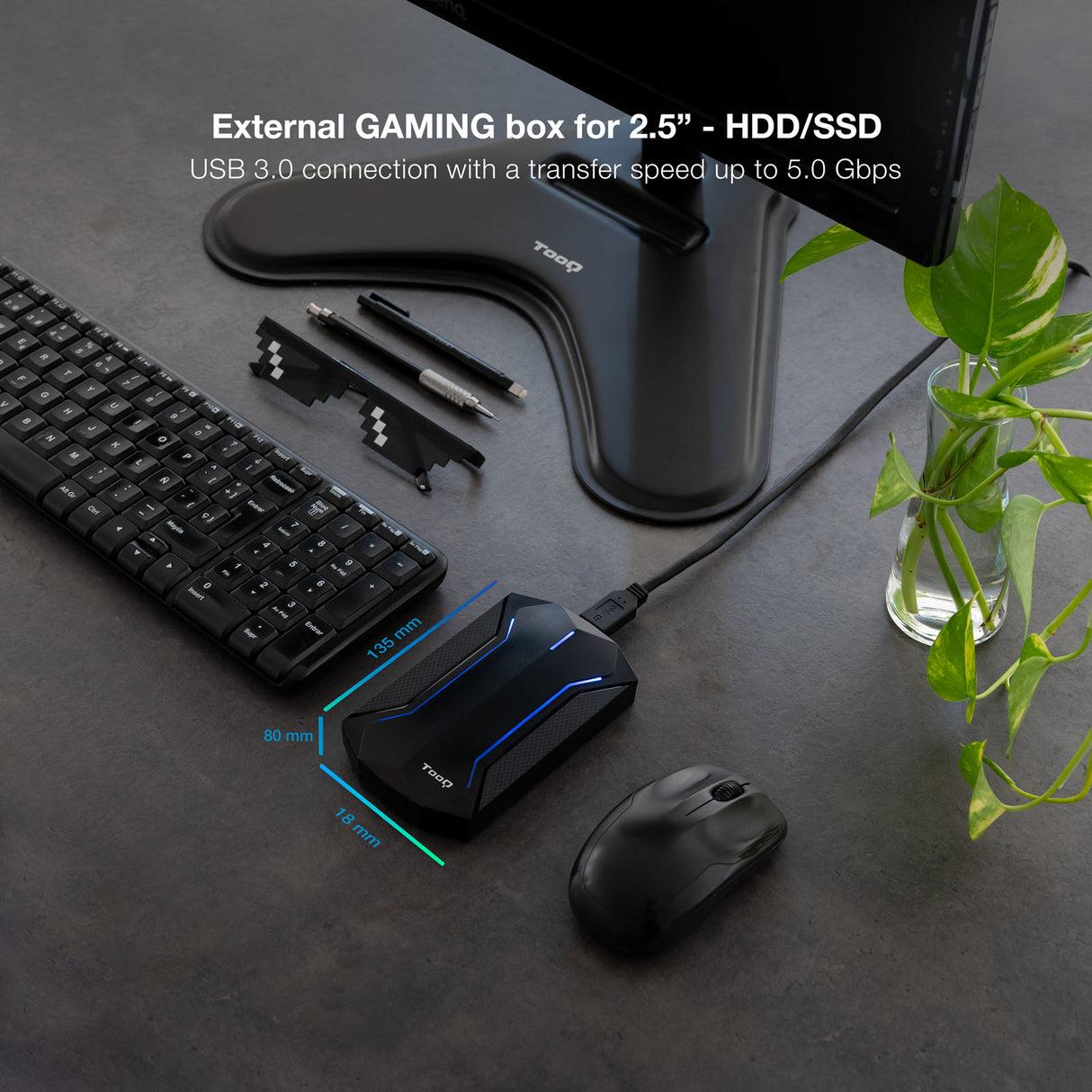 Boitier externe USB 3.1 TooQ TQE-2599 RGB - S-ATA 2,5" (Noir)