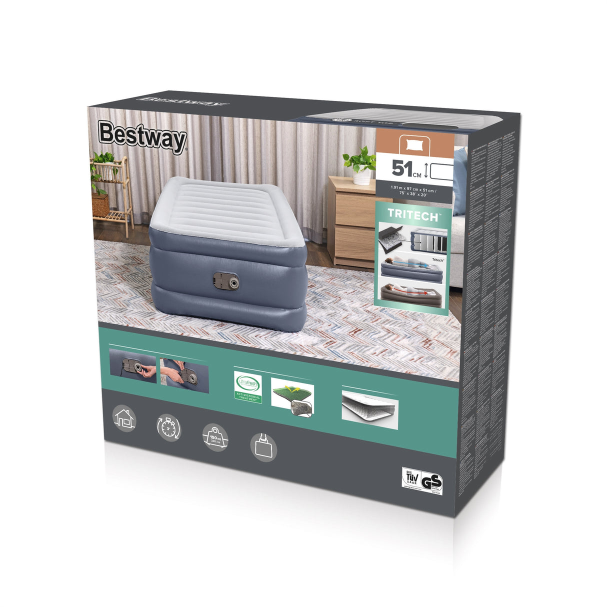Lit gonflable - BESTWAY - 6713G - Tritech™ - 1 place, 191 x 97 x 51 cm, pompe électrique intégrée, cadre de lit