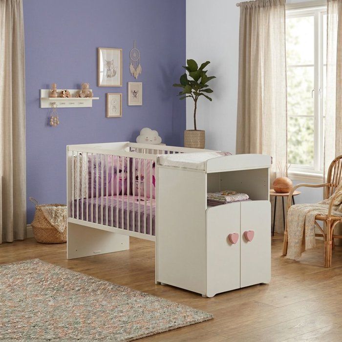 Lit bébé combiné évolutif - BABY PRICE - Basic - Blanc - Bouton coeur rose -60 x 120 cm