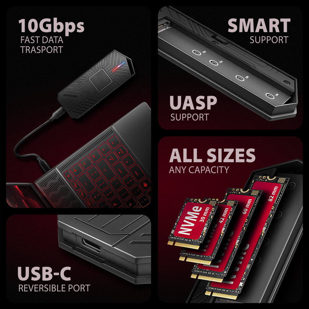 Boitier externe USB-C 3.2 Axagon EEM2-GAM - S-ATA/NVMe M.2 Type 2280 (Noir)