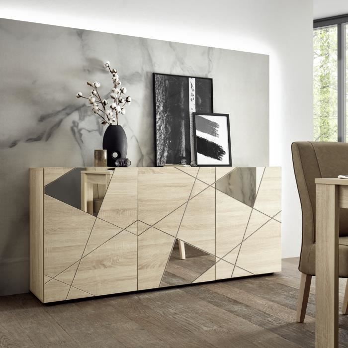 Buffet VICTORY - Décor Chene Sonoma - 3 Portes - Miroir - L 181 x P 42 x H 84 cm