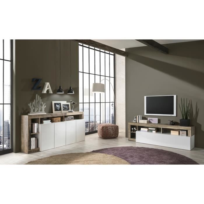 Buffet MAESTRO - Panneaux de particules - Effet Bois Vintage et blanc Laqué - 4 portes - L 184 x P 42 x H 93 cm