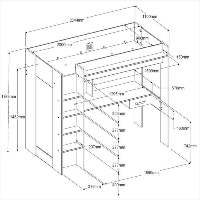 Lit combiné mezzanine enfant PARISOT HIGH - Chene et gris - Sommier inclus - 90 x 200 cm