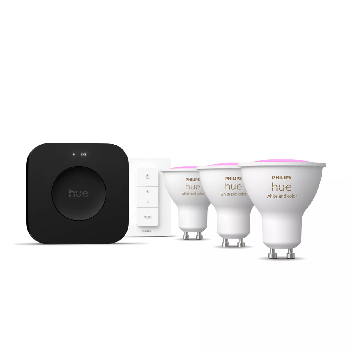 Kit de démarrage - PHILIPS HUE - Lumiere blanche et ambiance colorée - 1 Bridge Pro + 3 3 spots GU10 400 lumens + 1 dimmer switch