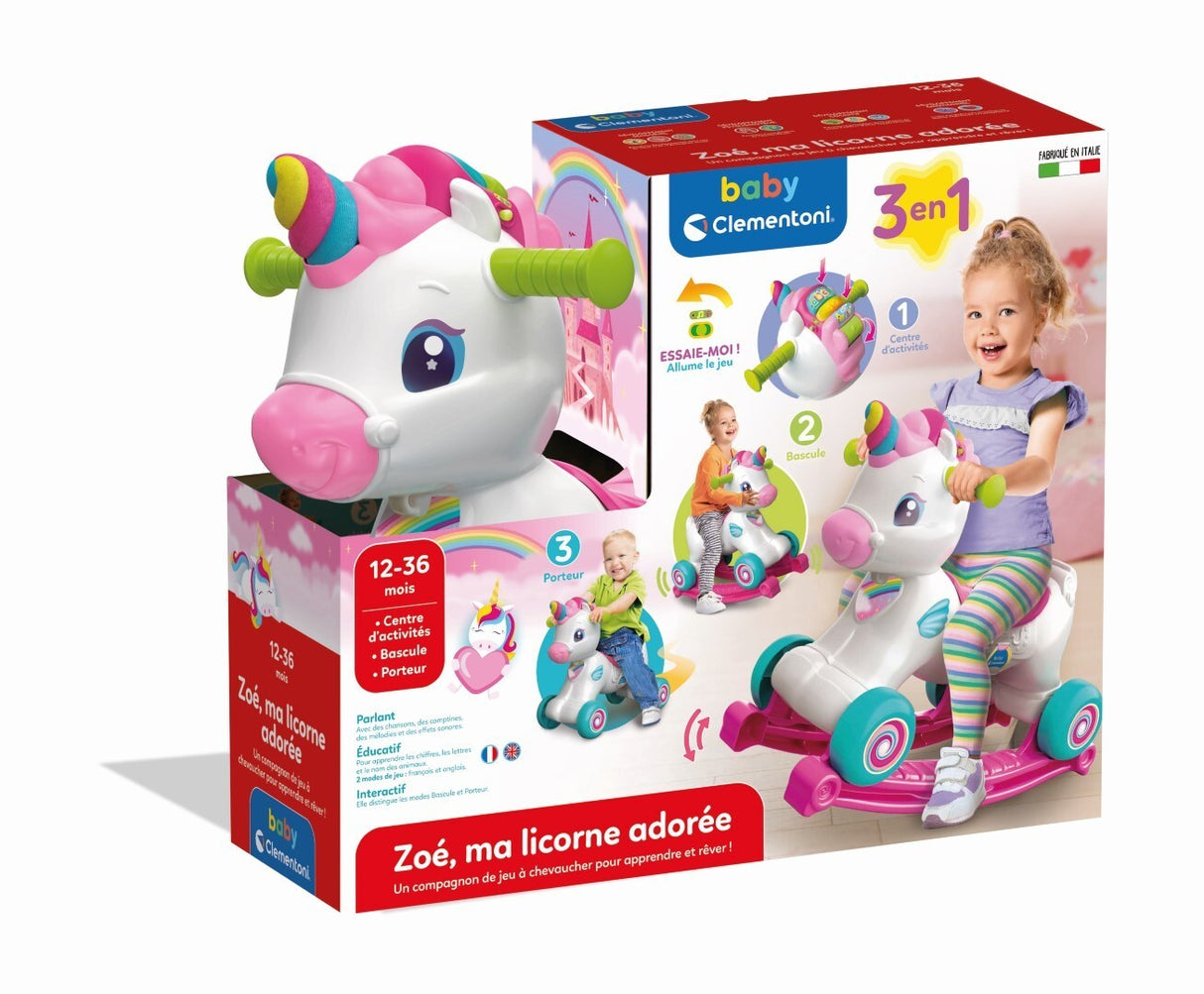 Licorne ŕ bascule et ŕ roues - Clementoni - Rose - Capteur de caresse et détecteur de mouvement