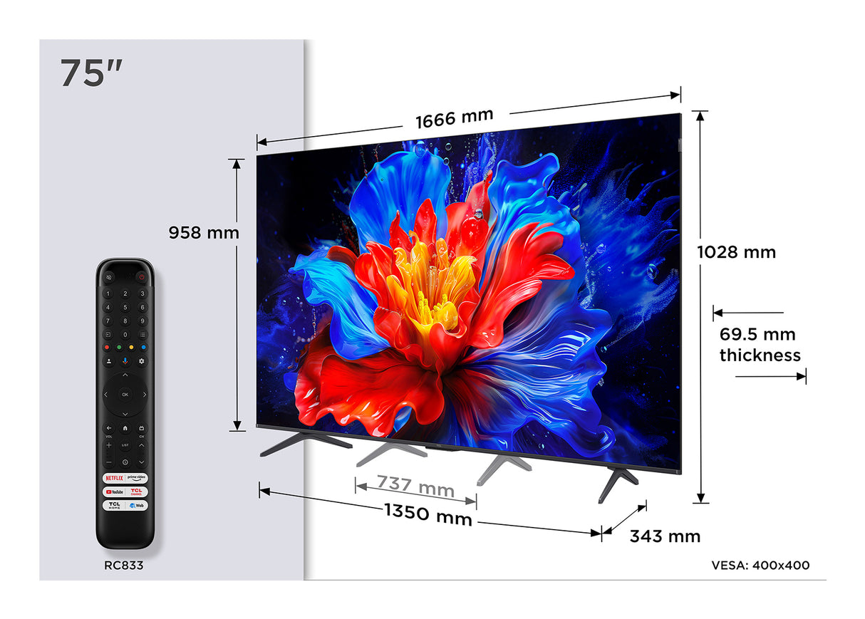 TCL 75P8K - TV QLED 75 (190 cm) - 4K UHD 3840x2160 - 144 Hz - Dolby Vision - Google TV - 4xHDMI 2.1 - WiFi