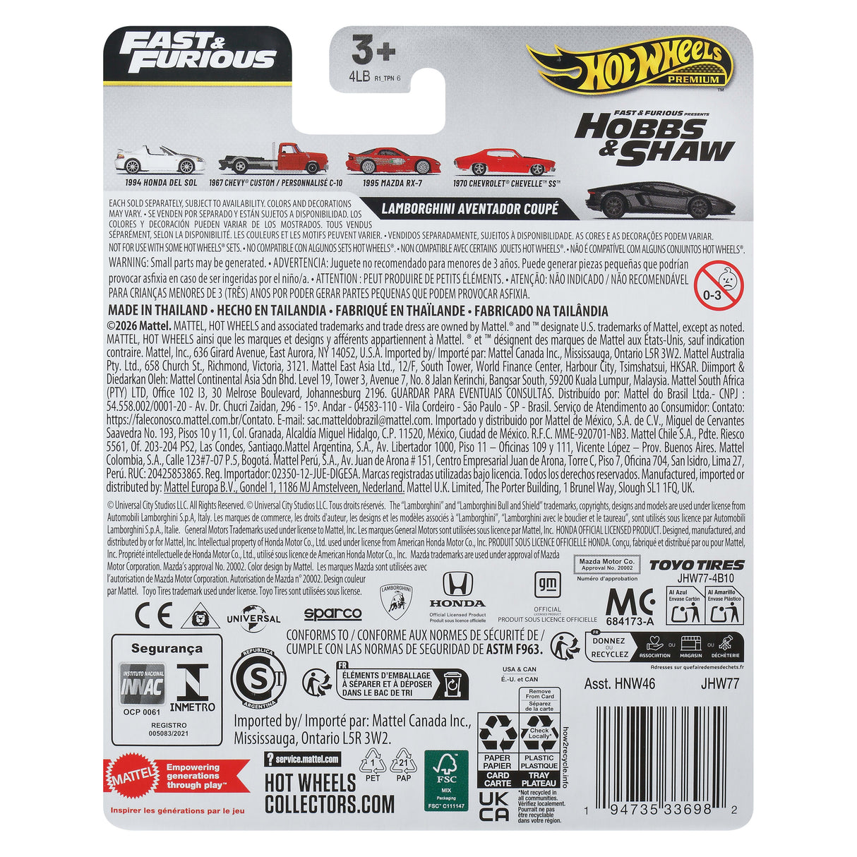 Voiture - Hot Wheels - Fast & Furious - Métal premium - Échelle 1/64 - Multicolore