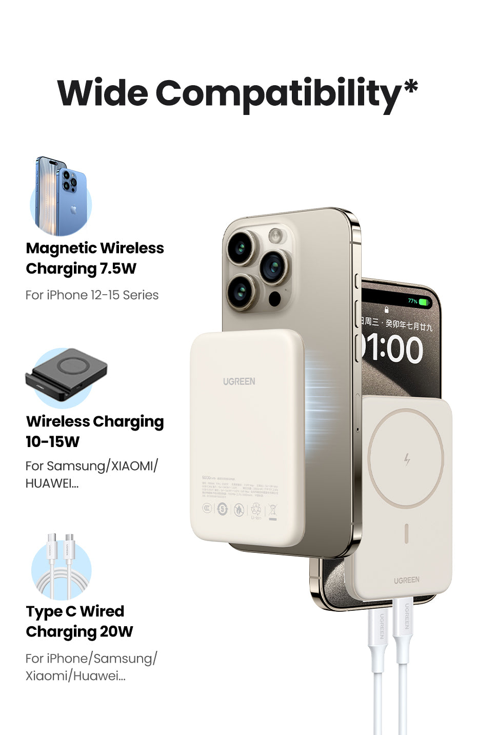 Batterie externe - UGREEN - 10,000 mAh - MagSafe - 20W - Creme