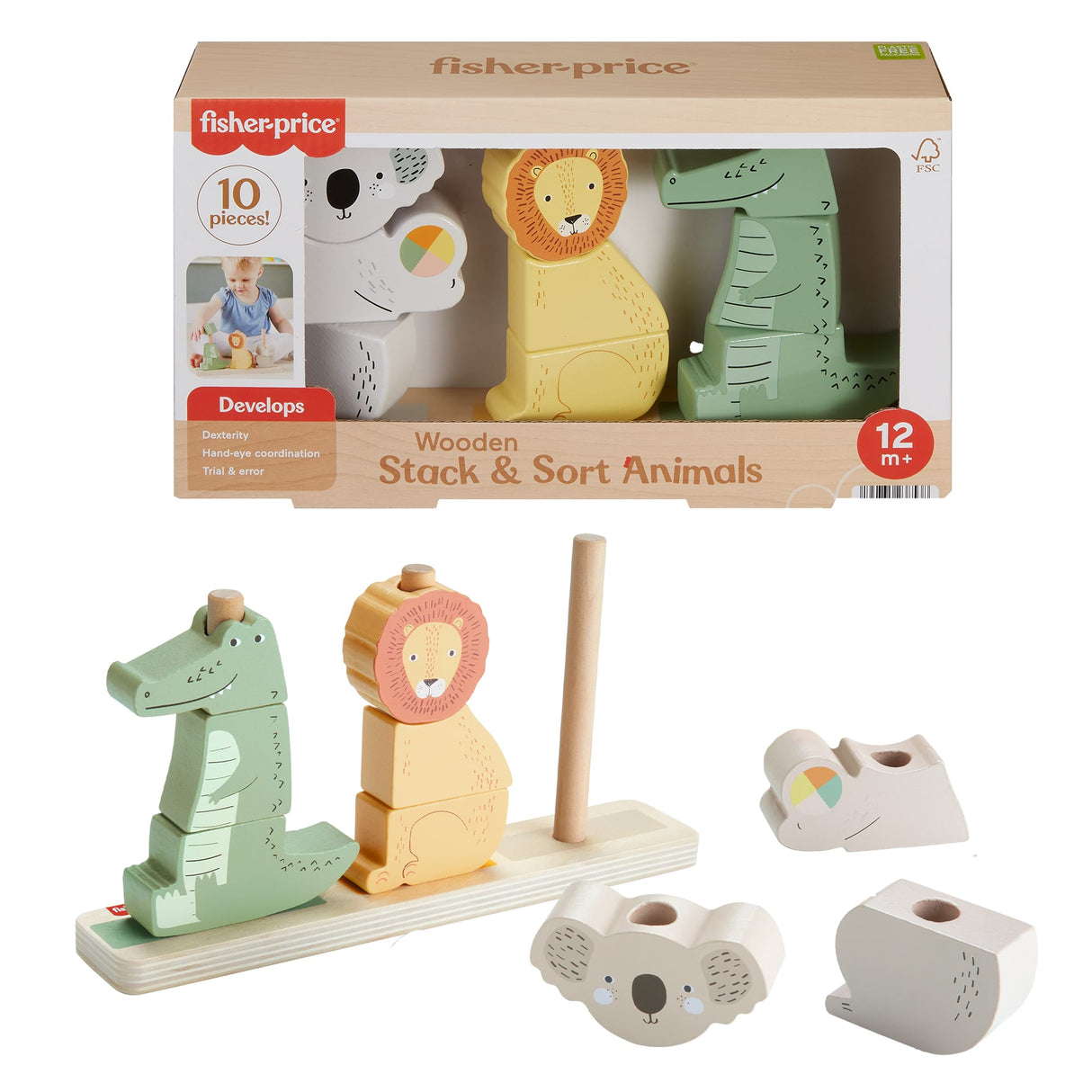 Fisher-Price-Animaux en Bois a Empiler et Trier, 10 pieces HXV04