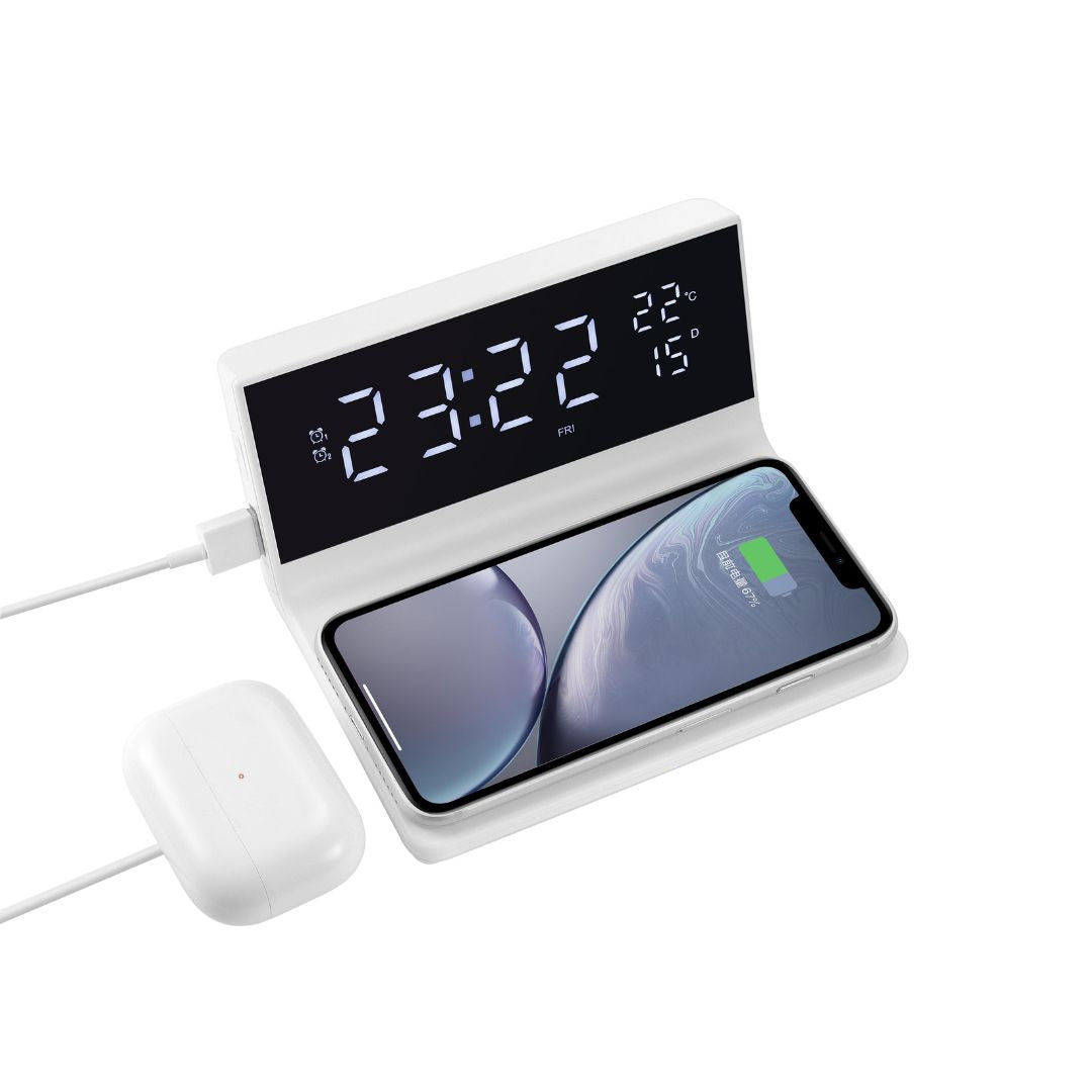 Réveil avec chargeur induction à 15W max, double alarme, lumiosité réglable, 1 p