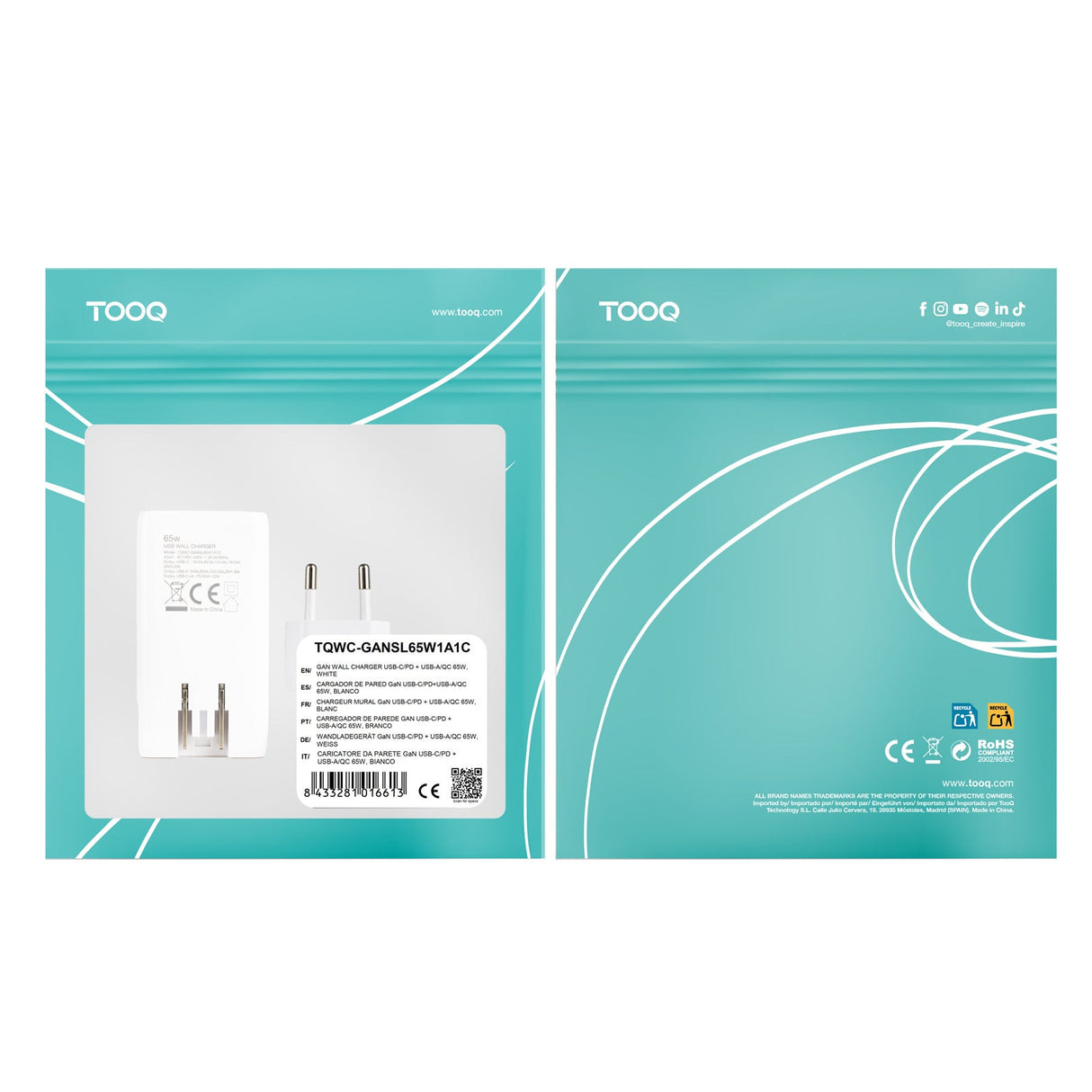 Chargeur de voyage Tooq GaN 1x USB-C + 1x USB-A 65W ( blanc)