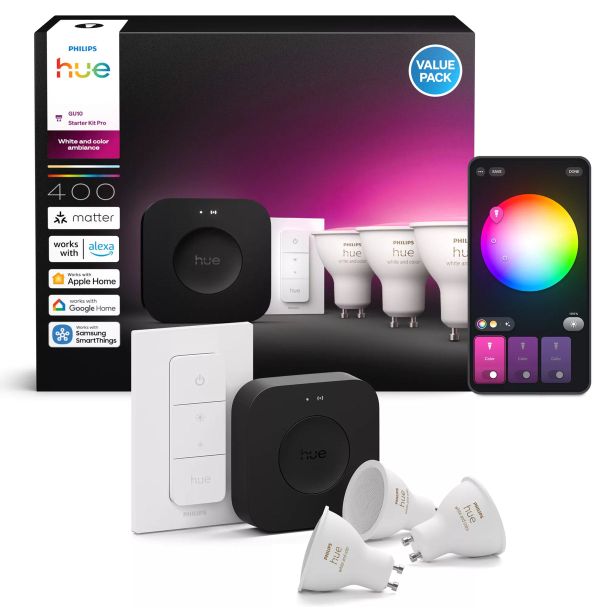 Kit de démarrage - PHILIPS HUE - Lumiere blanche et ambiance colorée - 1 Bridge Pro + 3 3 spots GU10 400 lumens + 1 dimmer switch