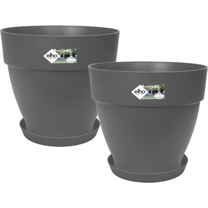 ELHO Lot de 2 pots de fleurs rond avec soucoupes Vibia Campana + Loft - Ř29,8 x H25,8cm + soucoupe Ř21 x H2,8cm - 22 L - Noir