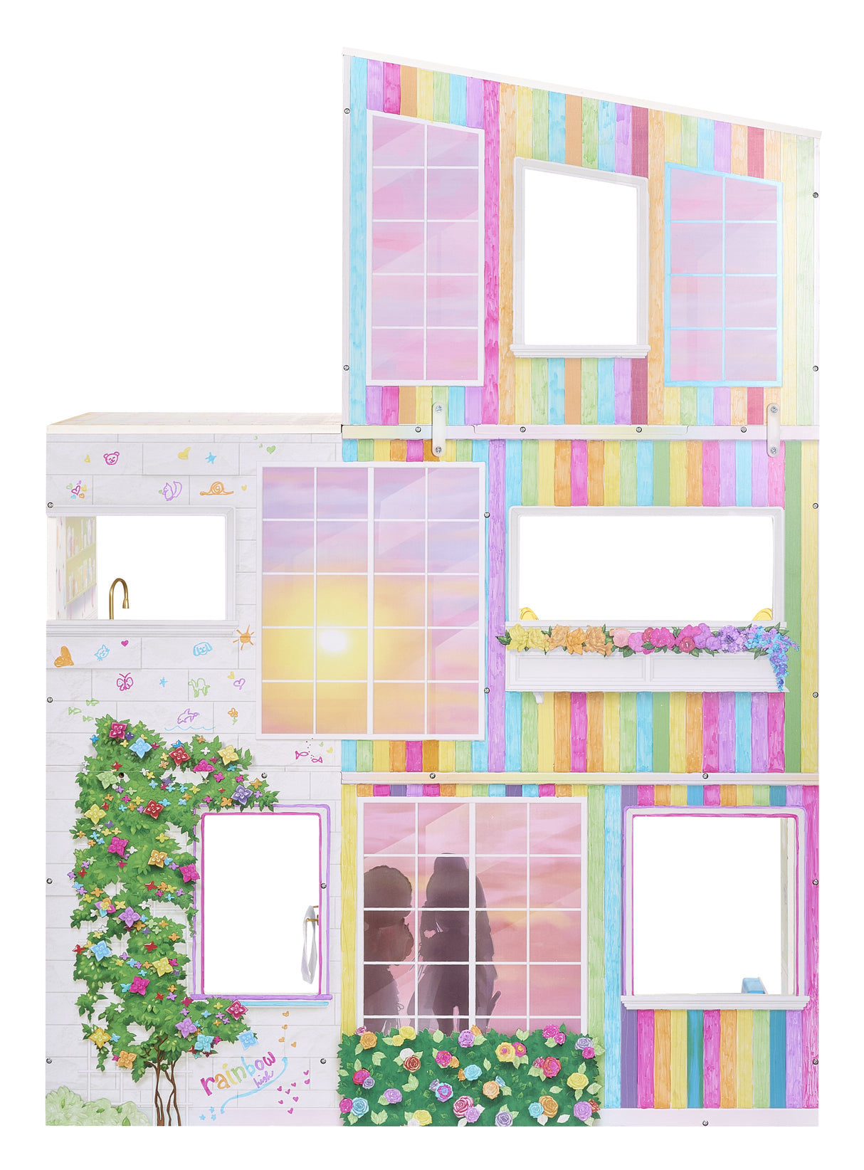 Rainbow High Color & Play House, Maison de poupée 3 étages, Colorie les murs et sols avec des marqueurs lavables, Maison en bois