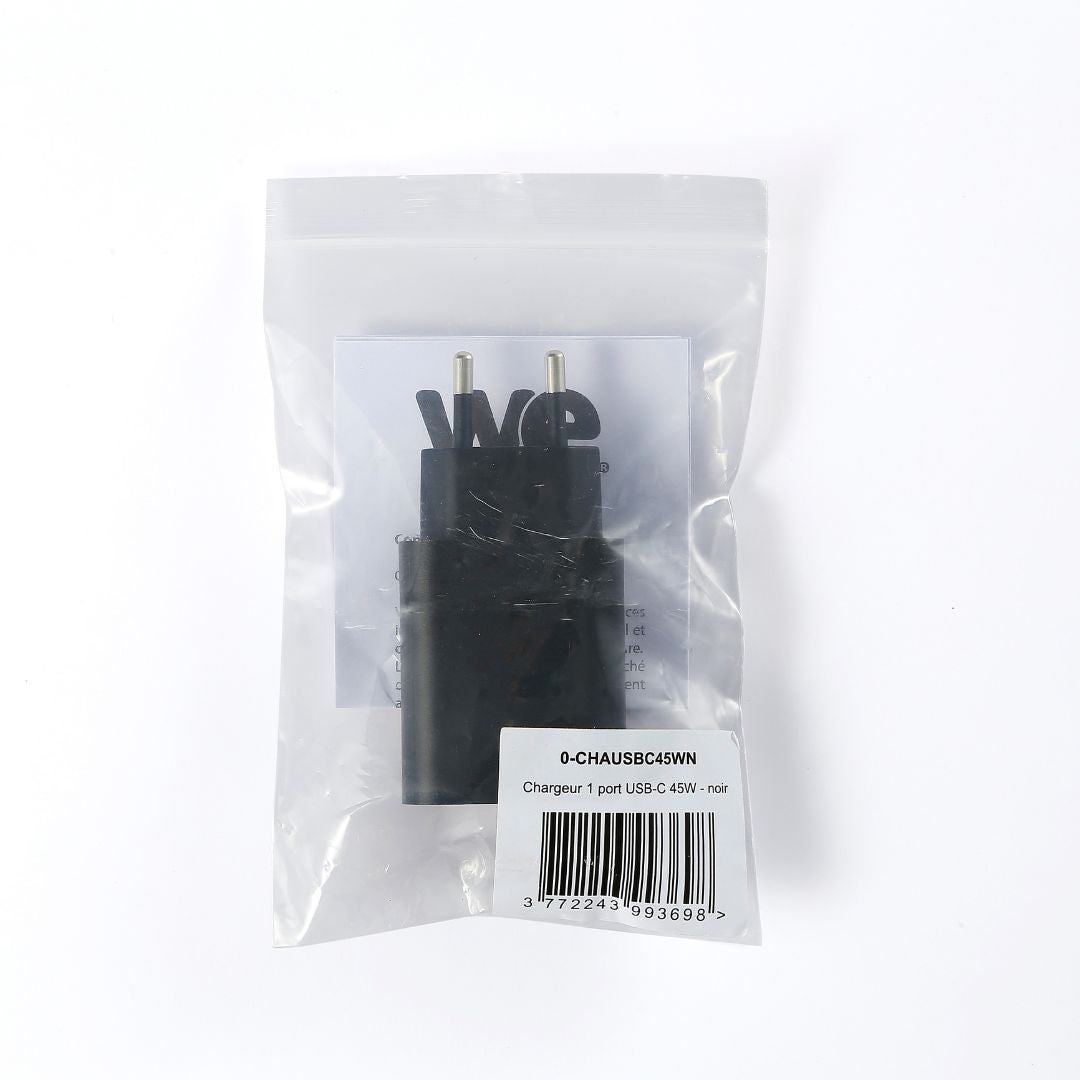 Chargeur secteur 1 Port USB-C : 5V/3A, 9V/3A, 12V/3A, 15V/3A, 20V/2.25A, 45W, Po