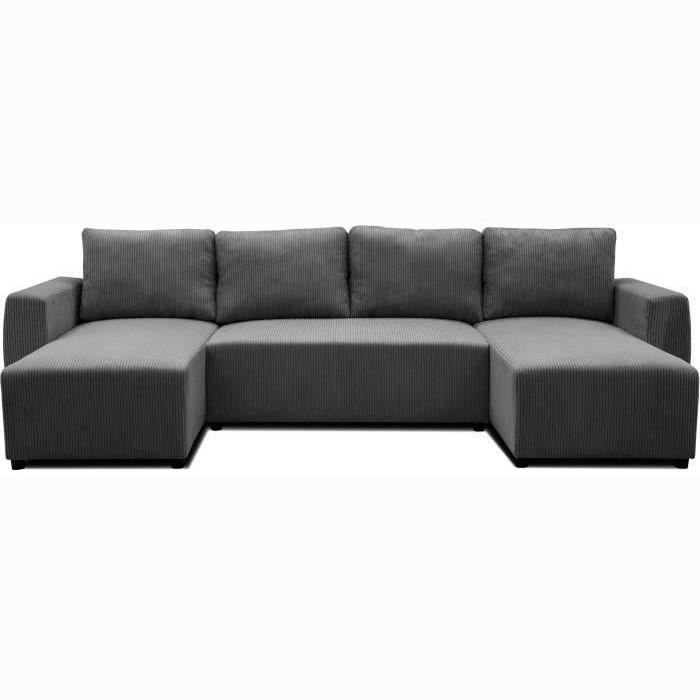 Canapé convertible panoramique PHARELL 5/6 places - Tissu velours côtelé anthracite - Coffre de rangement - L297xP155xH85cm