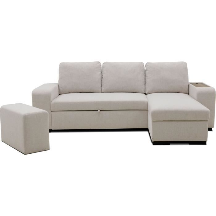 Canapé d'angle convertible réversible VALDO 3 a 4 places - Tissu Beige - Tablette avec USB - Coffre + Pouf - L247xP143xH86 cm