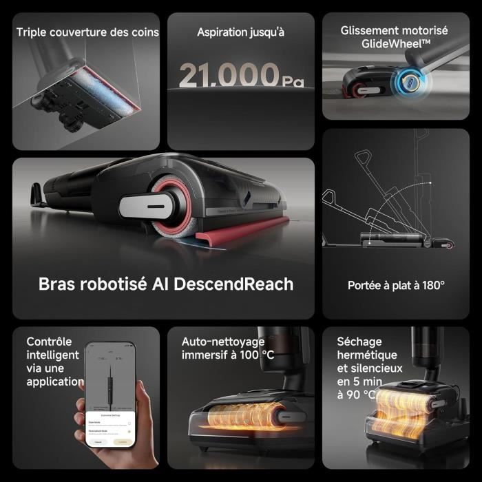 DREAME H15 Pro Aspirateur Laveur, Bras robotis AI DescendReach, Triple arte, 21 kPa, antinuds, Lavage Brosse immersif 100C