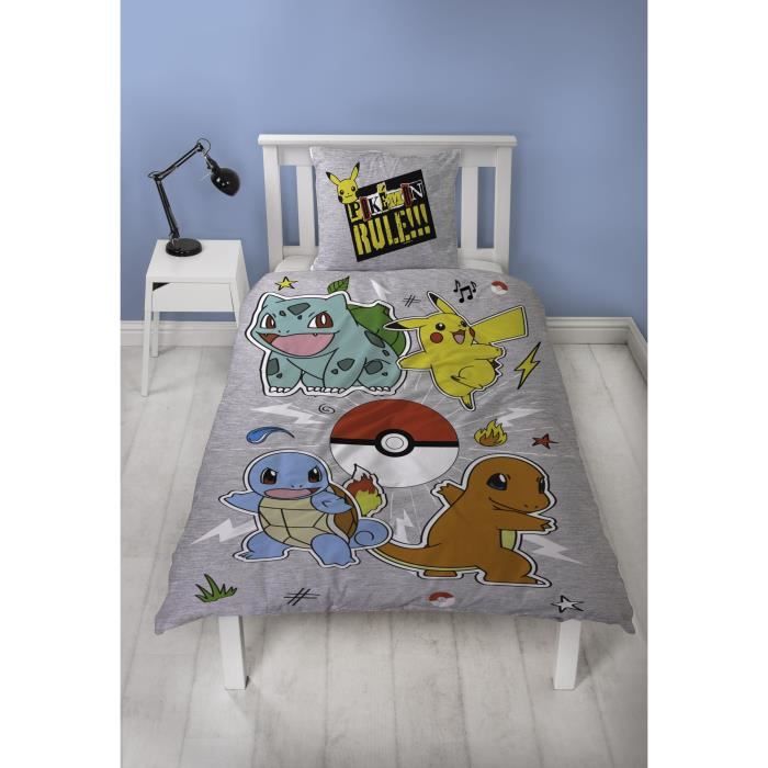 Parure de lit réversible - POKEMON - Pikachu et Starter - Gris - Microfibre - 1 housse de couette 140 x 200 cm + 1 taie 63 x 63 cm
