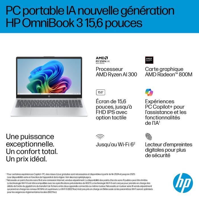 PC Portable HP Omnibook 3 15-fn0021nf - Windows 11 - 15,6 FHD IPS - Ryzen AI 5 340 - RAM 24Go - Stockage 512Go SSD - AZERTY