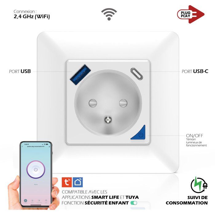 Prise encastrée connectée intérieure - KYF - Wifi - Avec compteur d'énergie + Prise USB et USB - C