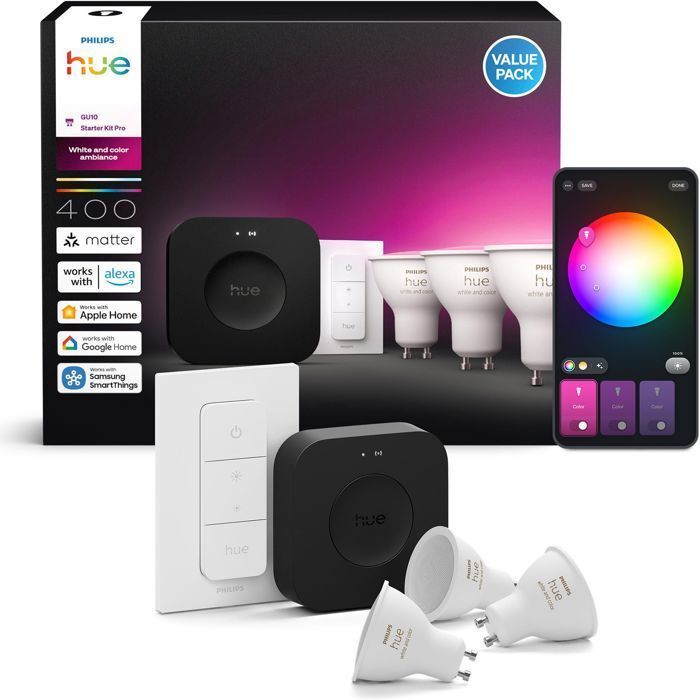 Kit de démarrage - PHILIPS HUE - Lumiere blanche et ambiance colorée - 1 Bridge Pro + 3 3 spots GU10 400 lumens + 1 dimmer switch