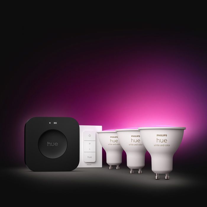 Kit de démarrage - PHILIPS HUE - Lumiere blanche et ambiance colorée - 1 Bridge Pro + 3 3 spots GU10 400 lumens + 1 dimmer switch