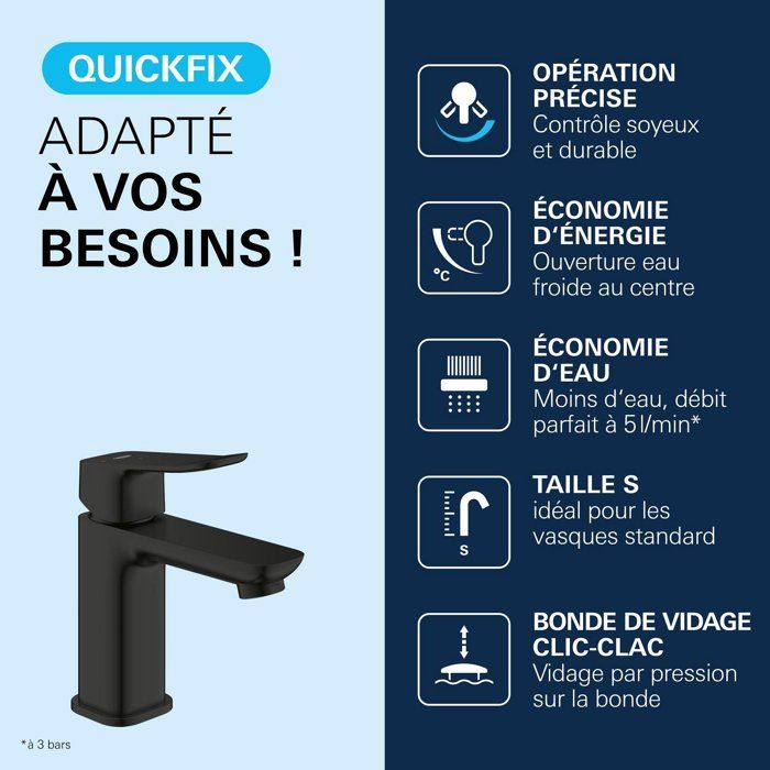 Mitigeur de lavabo - GROHE DICE - Taille S - Cartouche Ch3 & vidage clic-clac - Noir mat