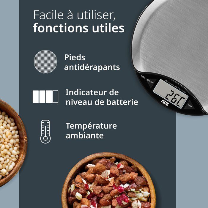 Balance de cuisine digitale - ADE - ANJA - Plastique ABS - 17 x 17 x 2,2 cm - Inclus 1 pile Cr 2032