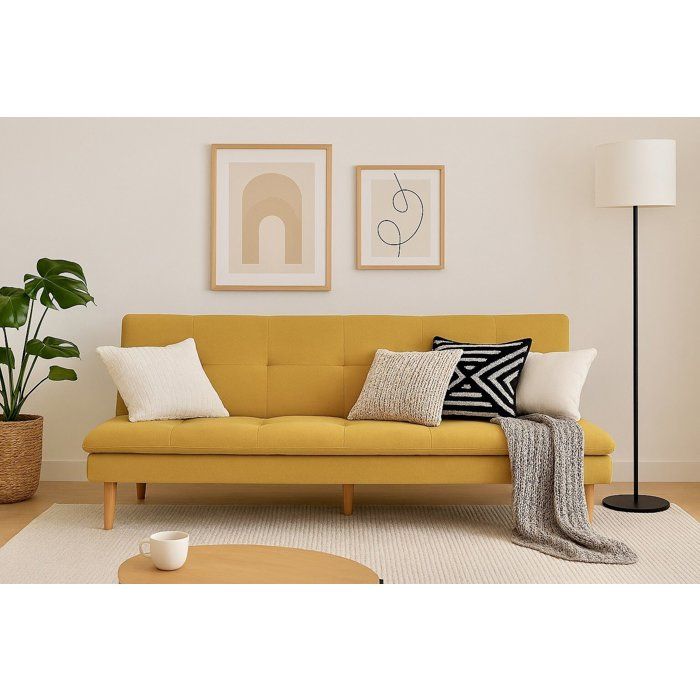 Canapé convertible - 3 places - AGATHE - Tissu Moutarde - 180 x 74 x 72 cm