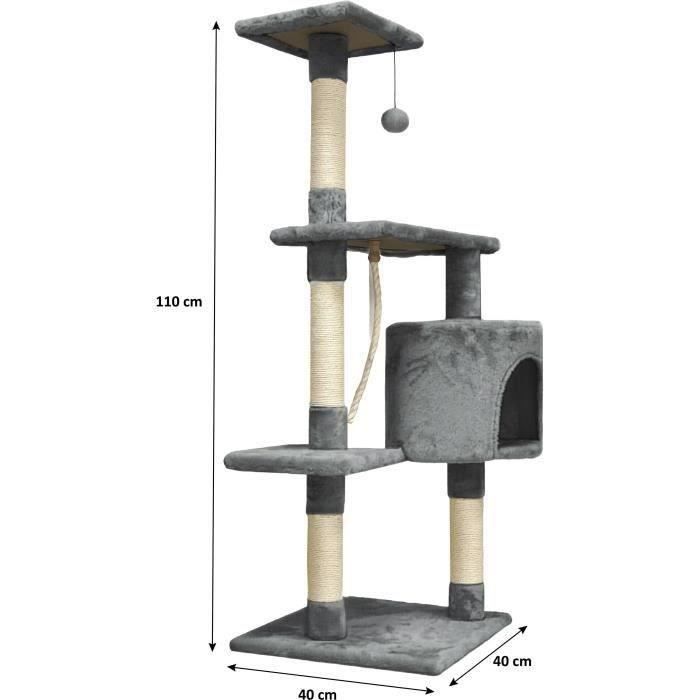 PALOMA Arbre a chat gris foncé 40 x 40 x 114cm - 3 plateformes, 1 corde, 1 niche , poteaux a griffer