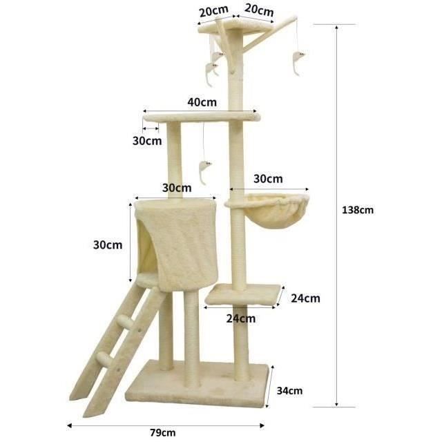 JIPSY Arbre a chat beige 79 x 34 x 138 cm - 3 plateformes, 1 perchoir, 1 niche, 1 escalier, poteaux a griffer