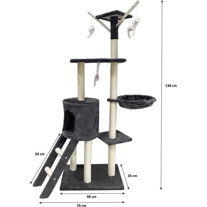 JIPSY Arbre a chat gris foncé 79 x 34 x 138 cm - 3 plateformes, 1 perchoir, 1 niche, 1 escalier, poteaux a griffer
