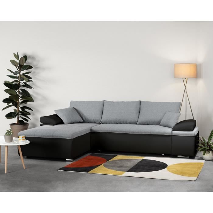 Canapé d'angle réversible convertible 3 places+Coffre - Simili noir et tissu gris - L 274 x P 184 cm - CELINA - Fabriqué en Ukraine