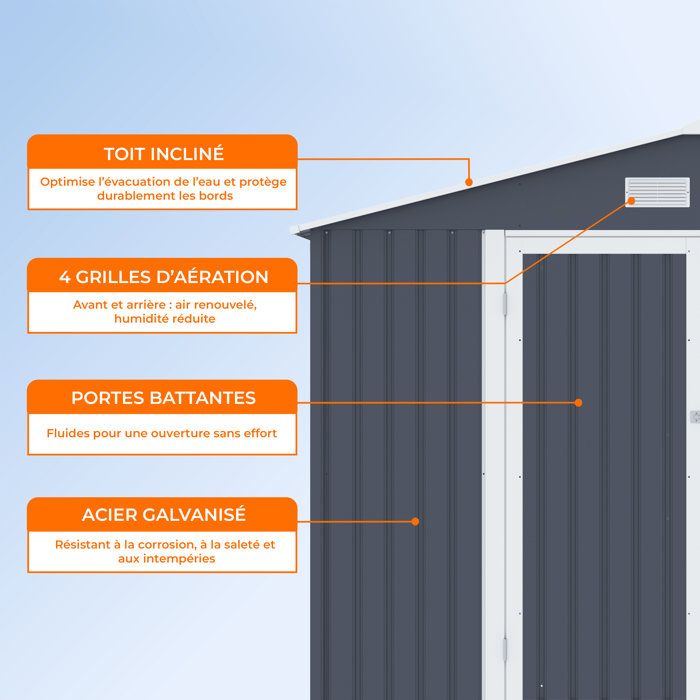Abri de jardin en métal 8,84 m˛ - 277 x 319 x 202 cm - VELASCO - Kit d'ancrage inclus, 2 portes battantes - Gris