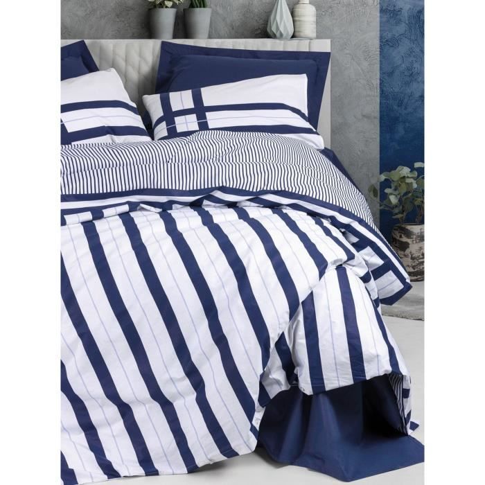 Parure de lit - 1 housse de couette 220 x 240 cm + 2 taies d'oreiller 60 x 60 cm - 100% coton renforcé - Bleu