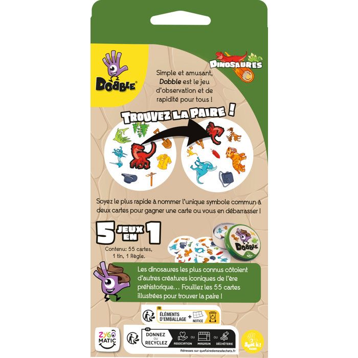 Jeu Dobble Dinosaures - Jeu d'observation et rapidité - Des 4 ans - 2 a 8 joueurs - 15 min - Best-seller famille - Zygomatic