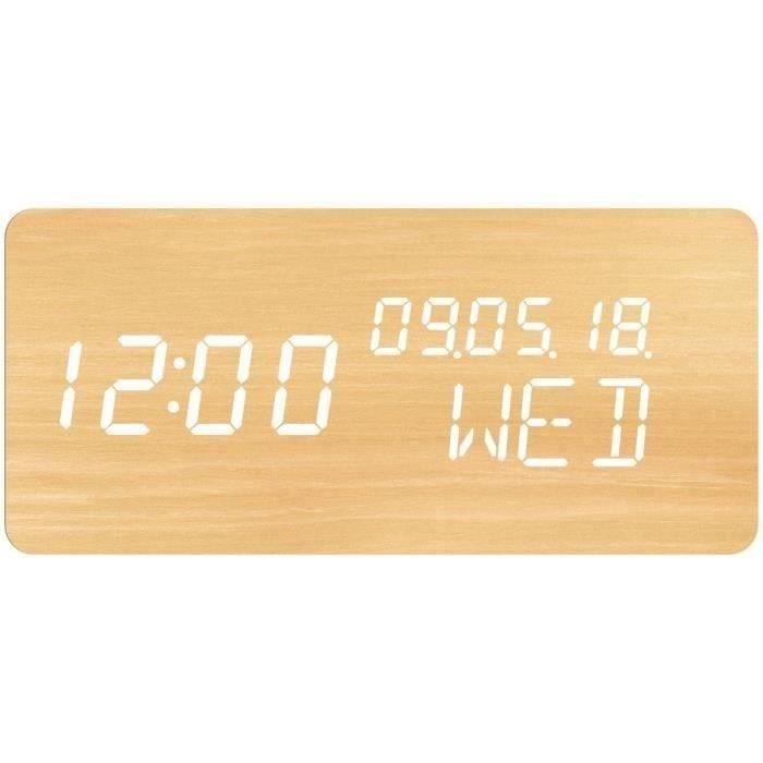 Réveil 4 en 1 - EVOOM - Modele WOOD - Horloge, Thermometre, Calendrier - Couleur Naturel - Radio numérique