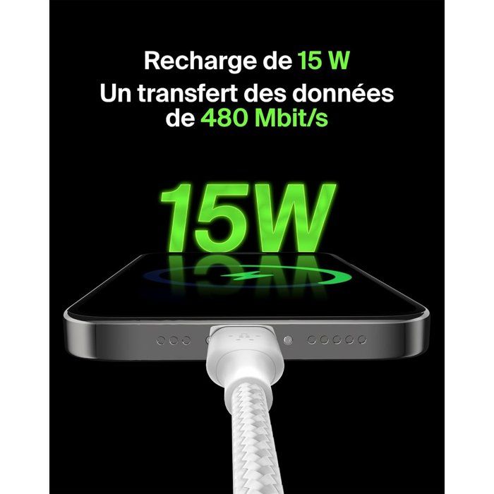 Câble tressé - BELKIN - USB-C vers USB-A - 2 m - Blanc