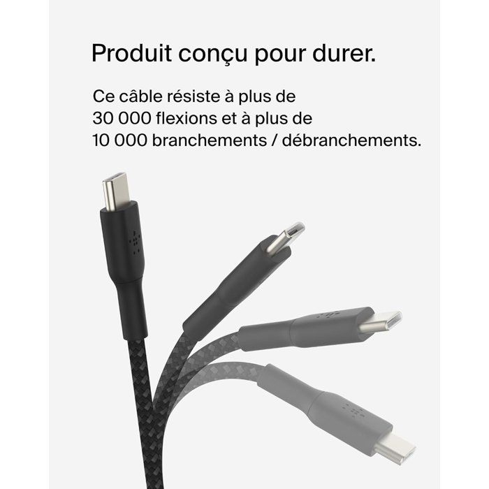 Câble tressé - BELKIN - USB-C vers USB-C - 0,15 m - Noir