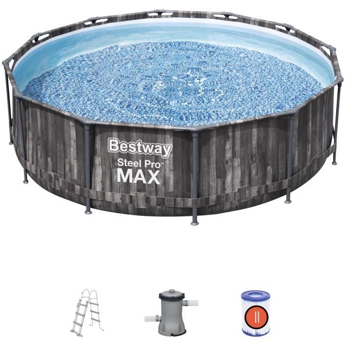 Kit Piscine hors sol tubulaire BESTWAY - Steel Pro Max - 366 x 100 cm - Ronde (filtre a cartouche, échelle, diffuseur)