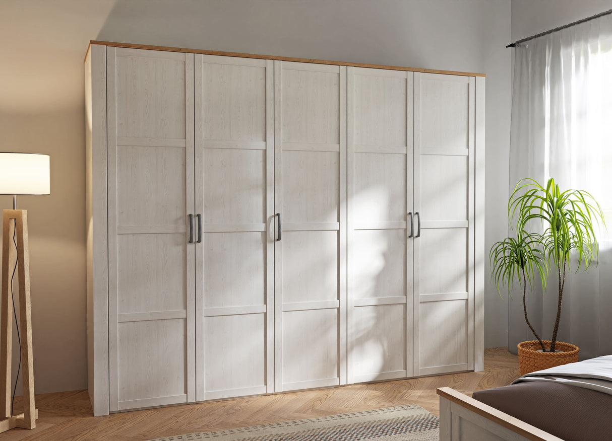 Armoire de chambre - BOHOL - Décor Chene blanchi - 5 portes battantes - L265,6 x P59,6 x H214 cm