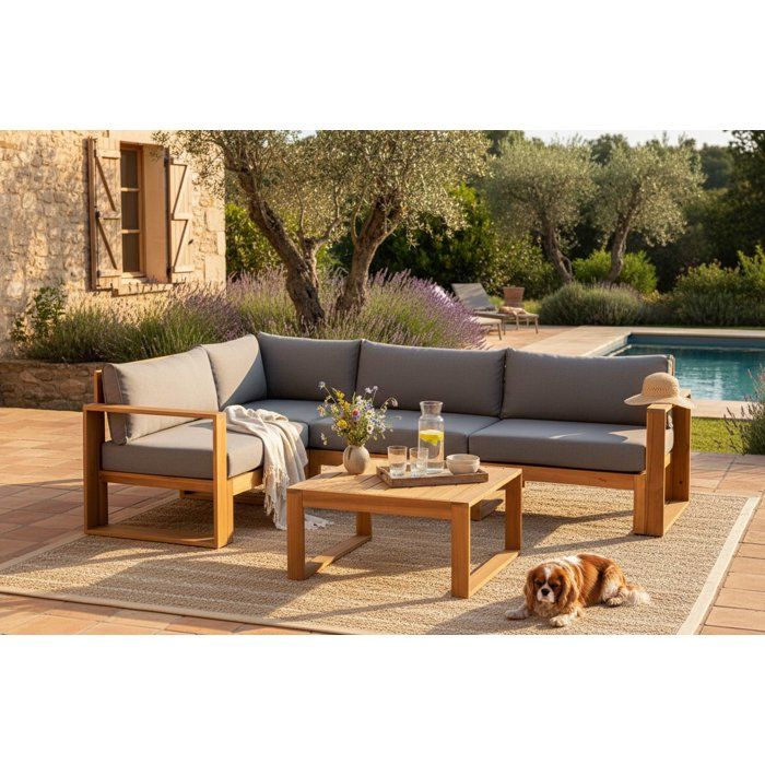 Salon de jardin d'angle modulable LEVATA CLASSIQUE - Bois d'acacia FSC - 5 personnes - Gris