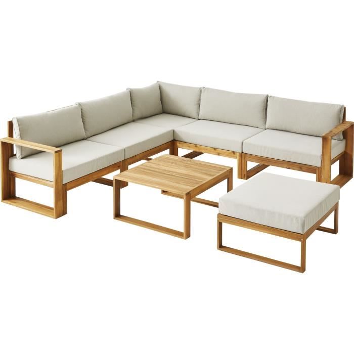 Salon de jardin d'angle modulable LEVATA XL - Bois d'acacia FSC - 8 personnes - Gris de lin + Housse incluse