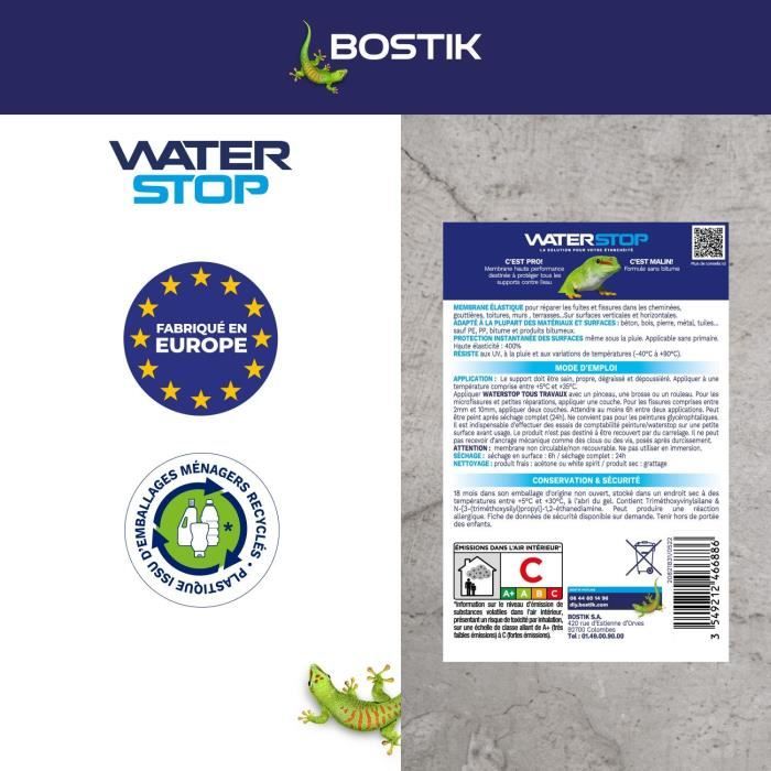 Membrane d'étanchéité - BOSTIK - Waterstop - Réparation fuites - Seau 6 kg - Gris