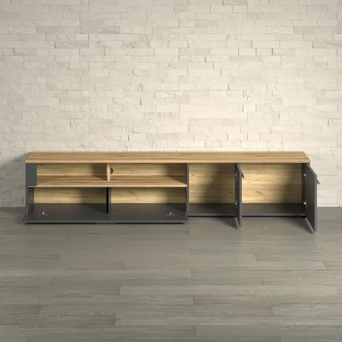Meuble TV - Esteban - Urbain - En panneaux de particules - Chene blond / gris anthracite mat - 210 x 43 x 41 cm - Trendteam