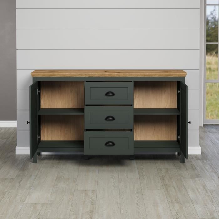 Buffet - Stanton - Vert profond / chene naturel - 2 portes - 3 tiroirs - 146cm x 45cm x 86cm