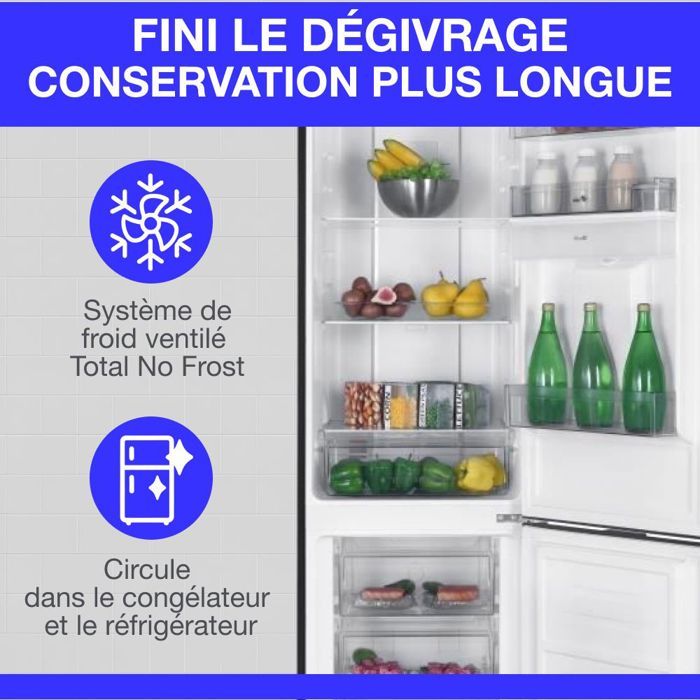 Réfrigérateur congélateur bas 251L - CONTINENTAL EDISON - Total No Frost - Inox - Classe D - L 54 cm x H 180 cm