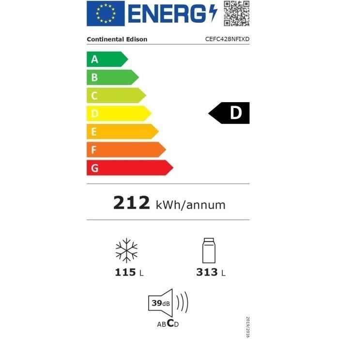 Réfrigérateur congélateur bas - CONTINENTAL EDISON - CEFC428NFIXD - 427 L - Classe D - 70 x 71,2 x 173 cm - Silver