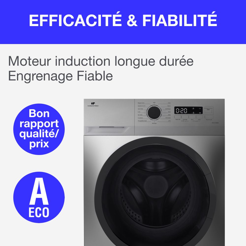 Lave-linge hublot CONTINENTAL EDISON CELL914ISS - 9 kg - Largeur 59,5 cm - Classe A - 1400 trs - moteur induction -Silver